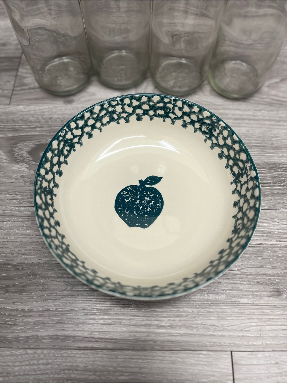 Folk Craft Brand - Ceramic Serving Bowl with Teal Apple Motif - Cream and Teal